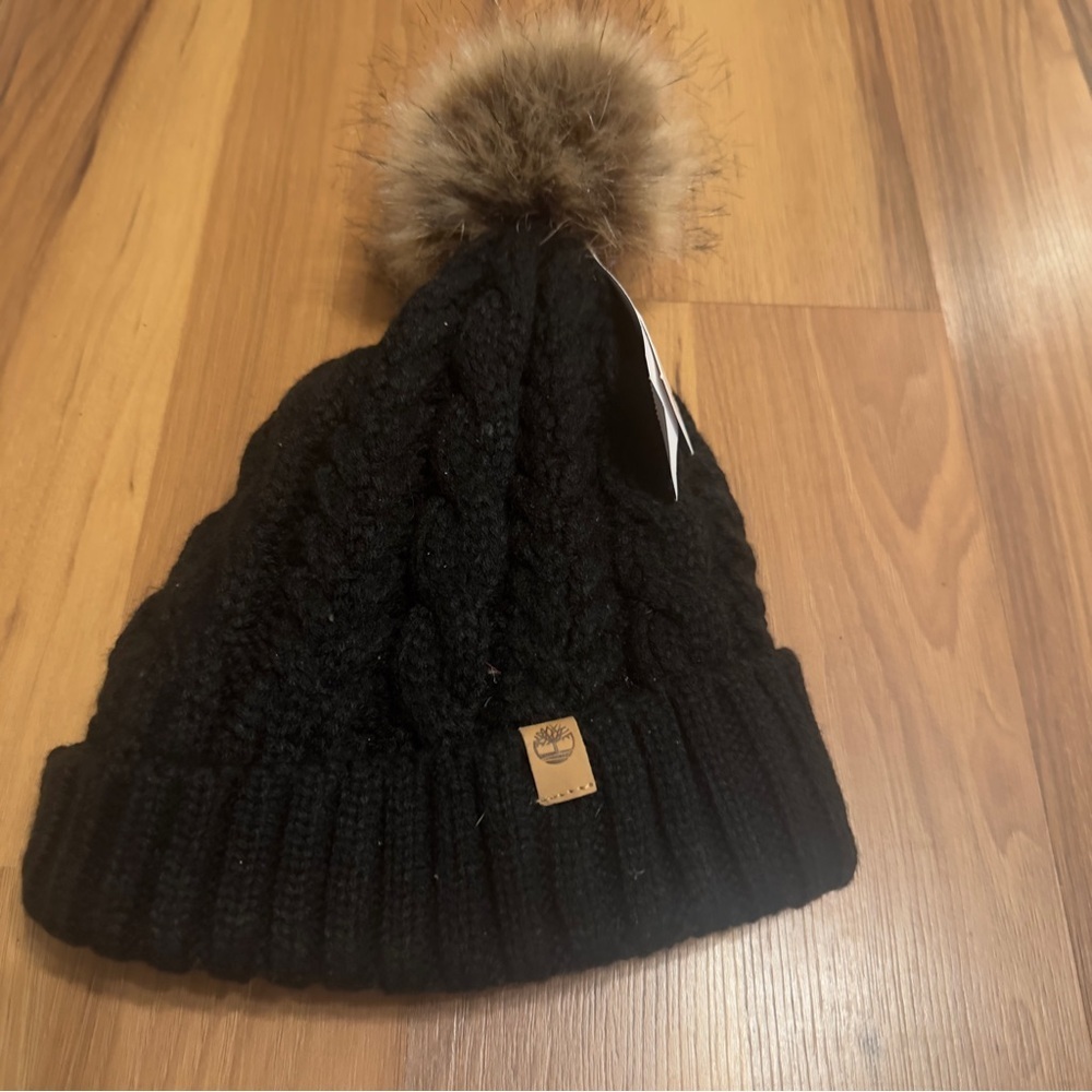 Timberland Black Knit Beanie with Tan Pom-Pom